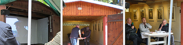 Die Garage 2014, Leinwand und Seitenteile verdecken das „Innere“. In der sanierten Garage werden Fotomontagen auf gehangen. Die erste Veranstaltung im „neuen“ Raum.